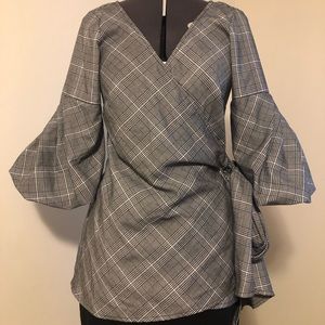Eshakti Grey Plaid Bishop Sleeves Wrap Top Shirt L